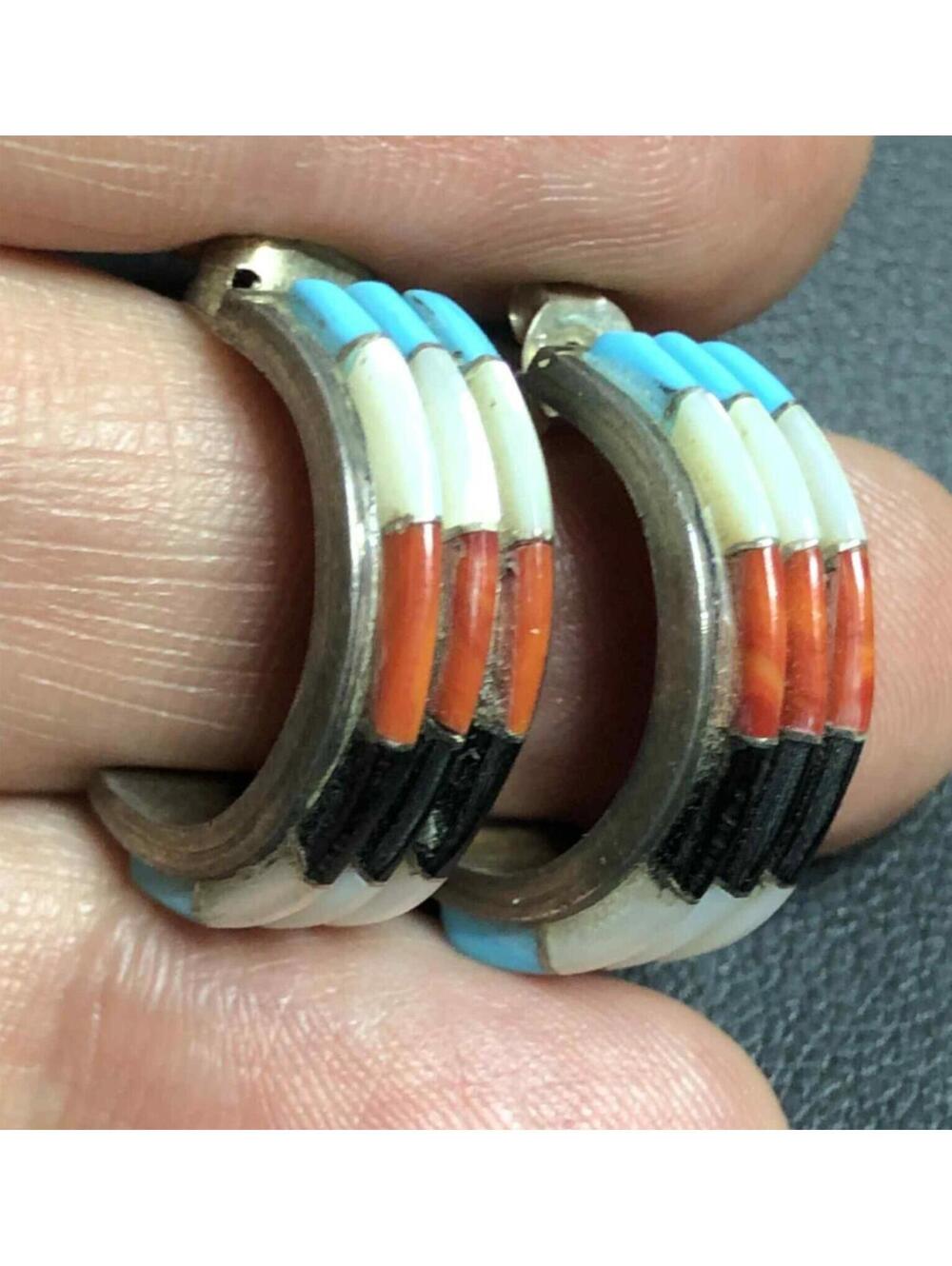 5569 Vintage patina Signed ED Sterling Coral Turquoise MOP hoop Earrings 8.5G - Picture 1 of 4